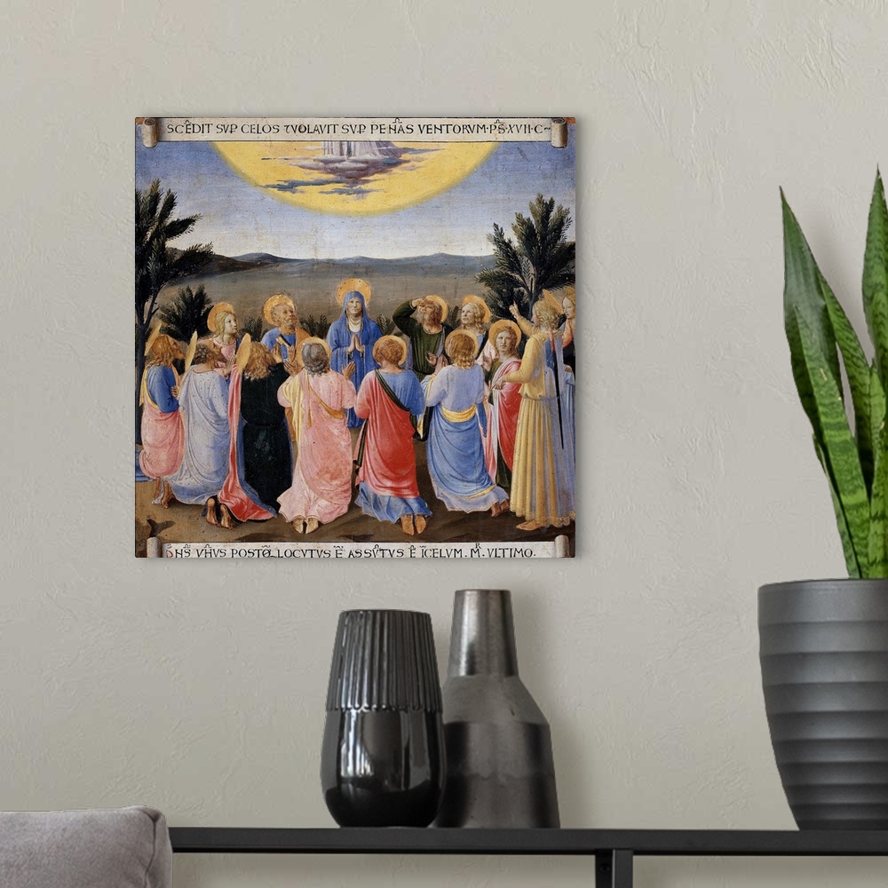 A modern room featuring Ascension of Jesus Christ from the Armadio degli Argenti Painting Series by Fra Angelico - Temper...