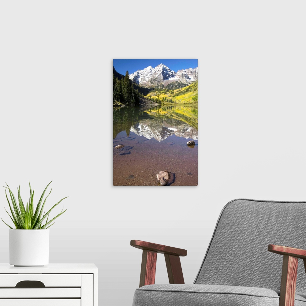 A modern room featuring Aspens Reflecting In Lake Under Maroon Bells, Colorado