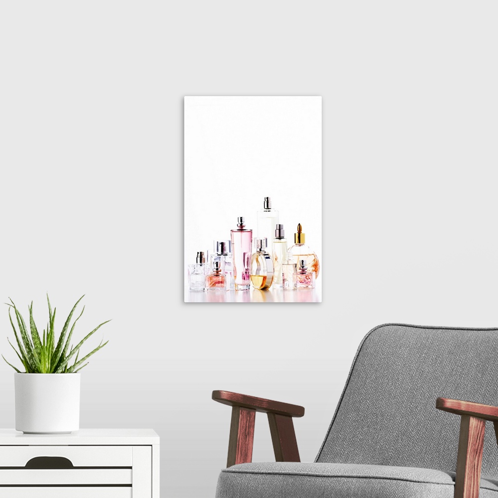 A modern room featuring Assortment of perfume bottles