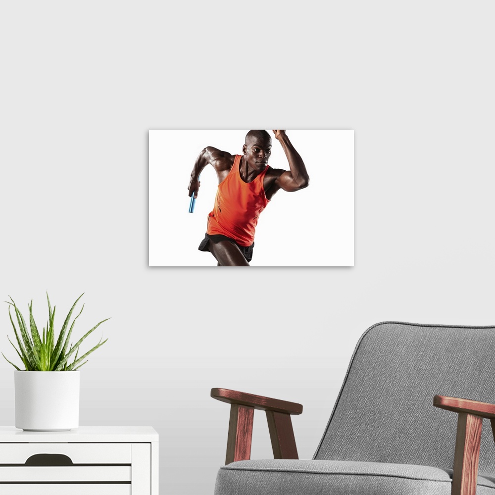 A modern room featuring Athlete running with relay baton