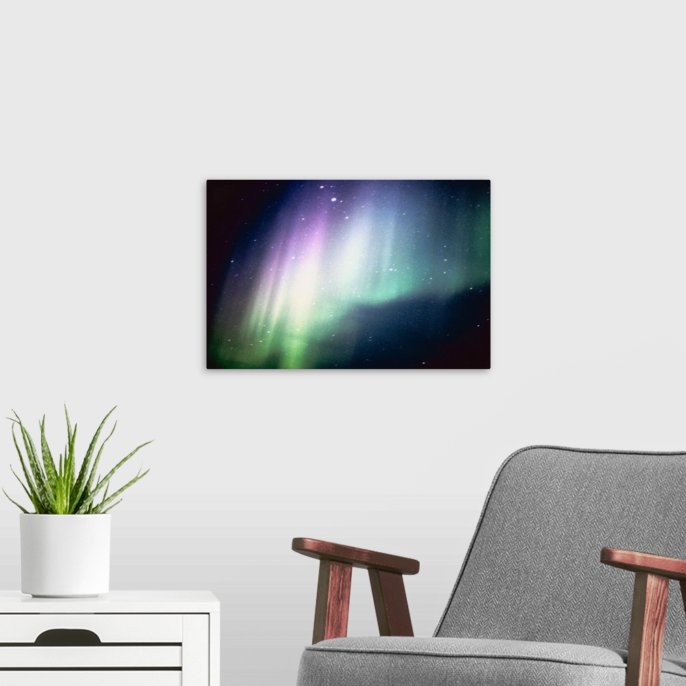 A modern room featuring Aurora borealis
