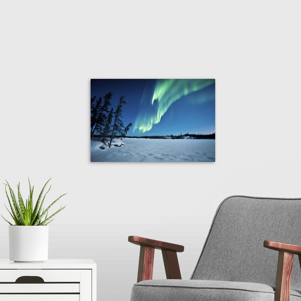 A modern room featuring Aurora with silhouette of trees over Walsh Lake, Northwest Territories, Canada.