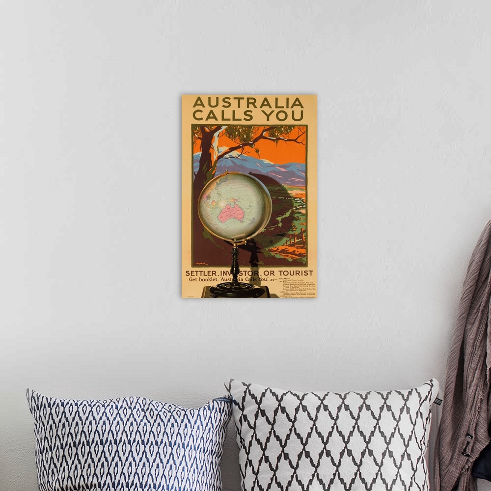 A bohemian room featuring A globe focused on Australia stands in front of a scenic landscape of Australia. Illustrated by P...