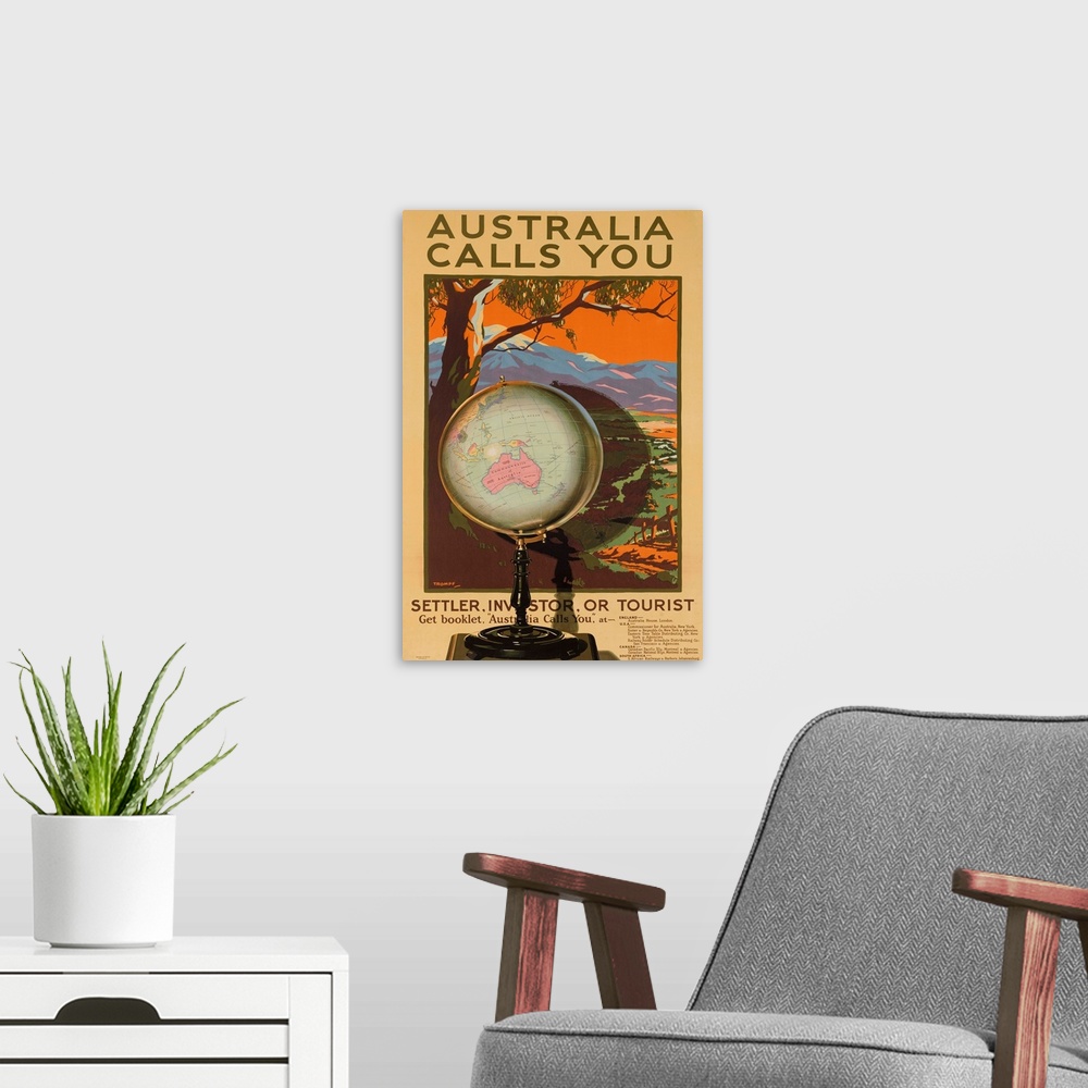 A modern room featuring A globe focused on Australia stands in front of a scenic landscape of Australia. Illustrated by P...