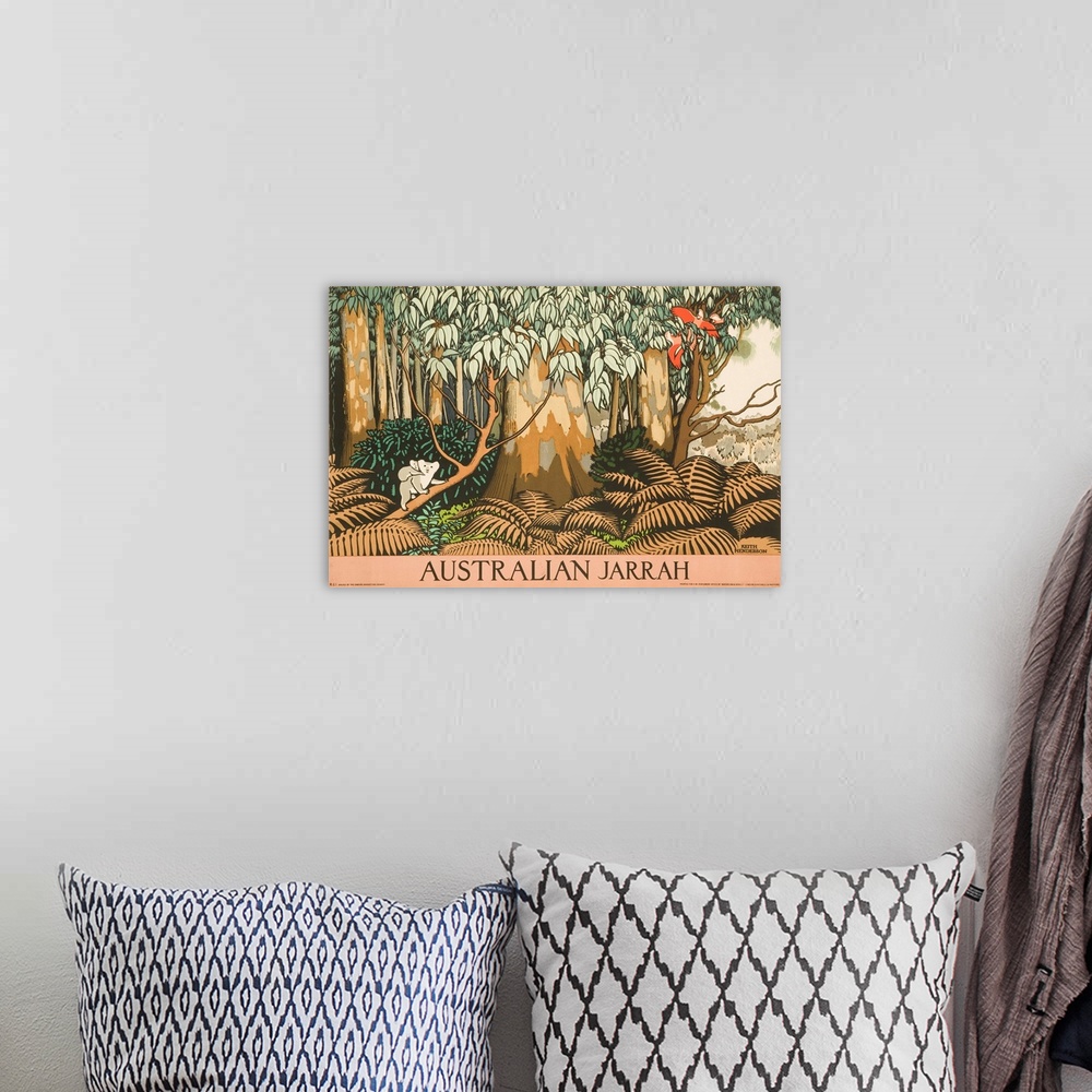 A bohemian room featuring Australian travel poster. Mother and baby Koala bears climb a jarrah / eucalyptus tree. ca 1930s ...