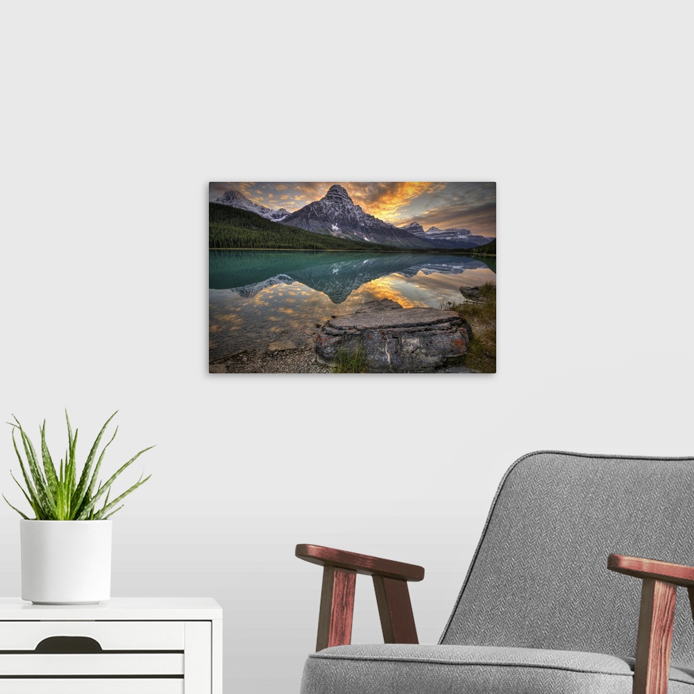 A modern room featuring Autumn Sunset at Mt Chephren and Waterfowl Lake.