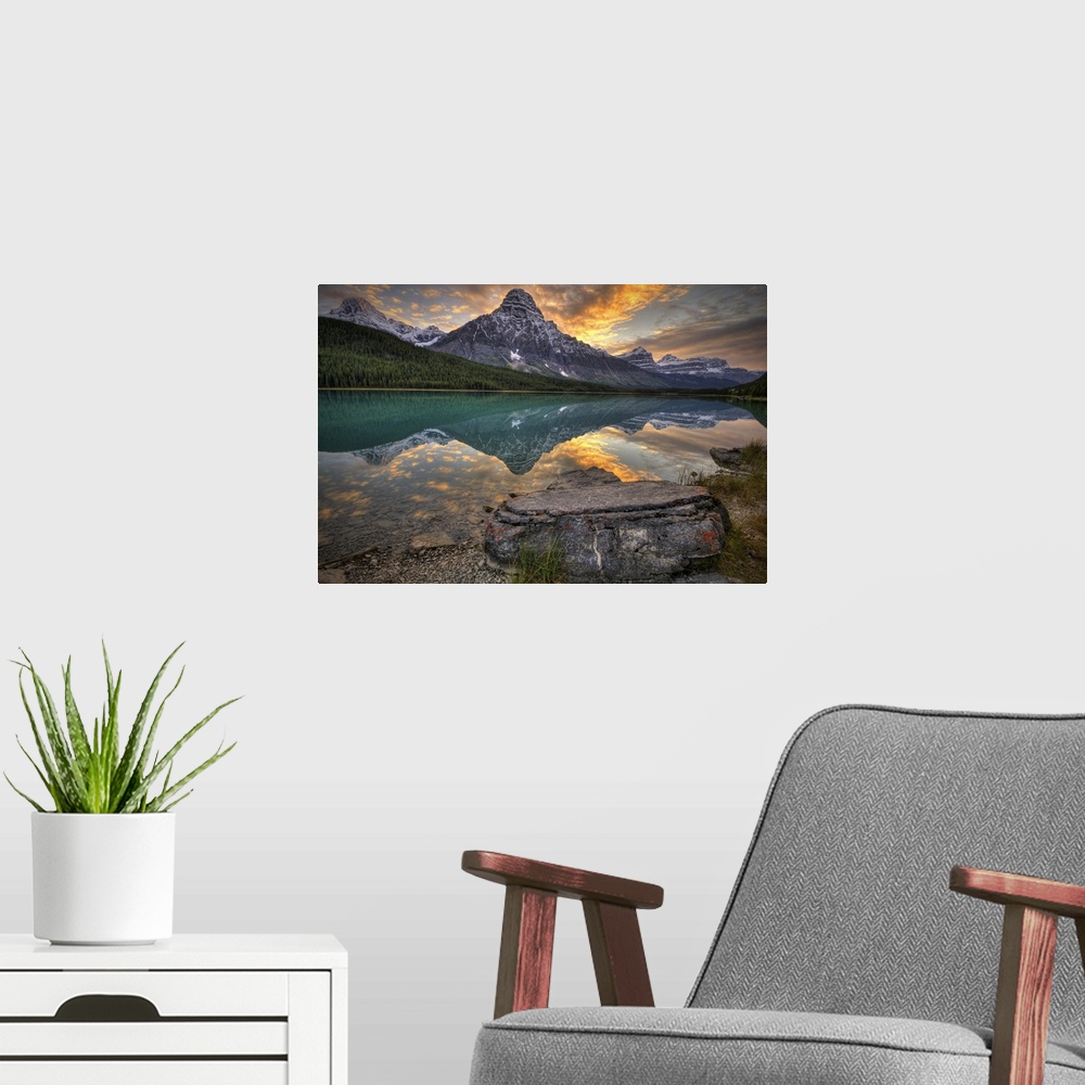 A modern room featuring Autumn Sunset at Mt Chephren and Waterfowl Lake.