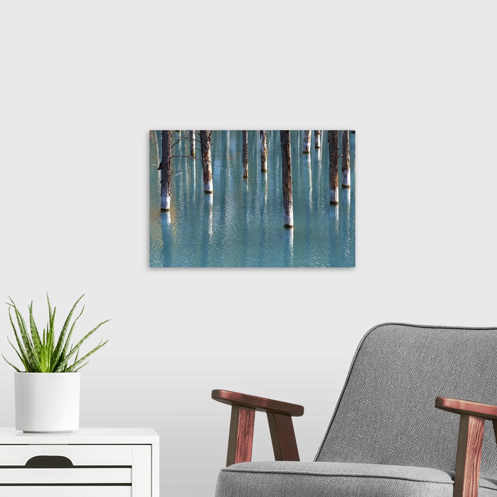 A modern room featuring Autumn tree in blue pond.