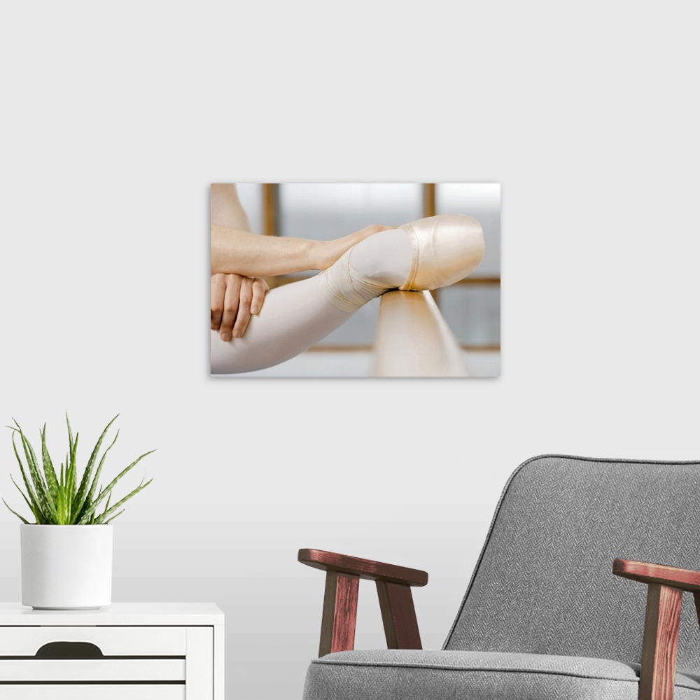 A modern room featuring Ballerina stretching on barre