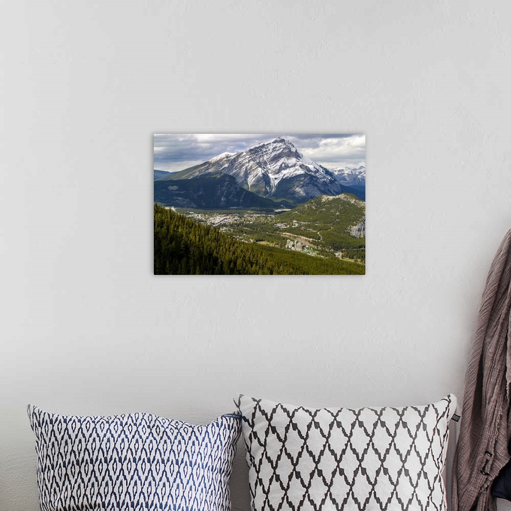 A bohemian room featuring Aerial view of town and Mt. Rundle, Banff, Banff National Park, Alberta, Canada