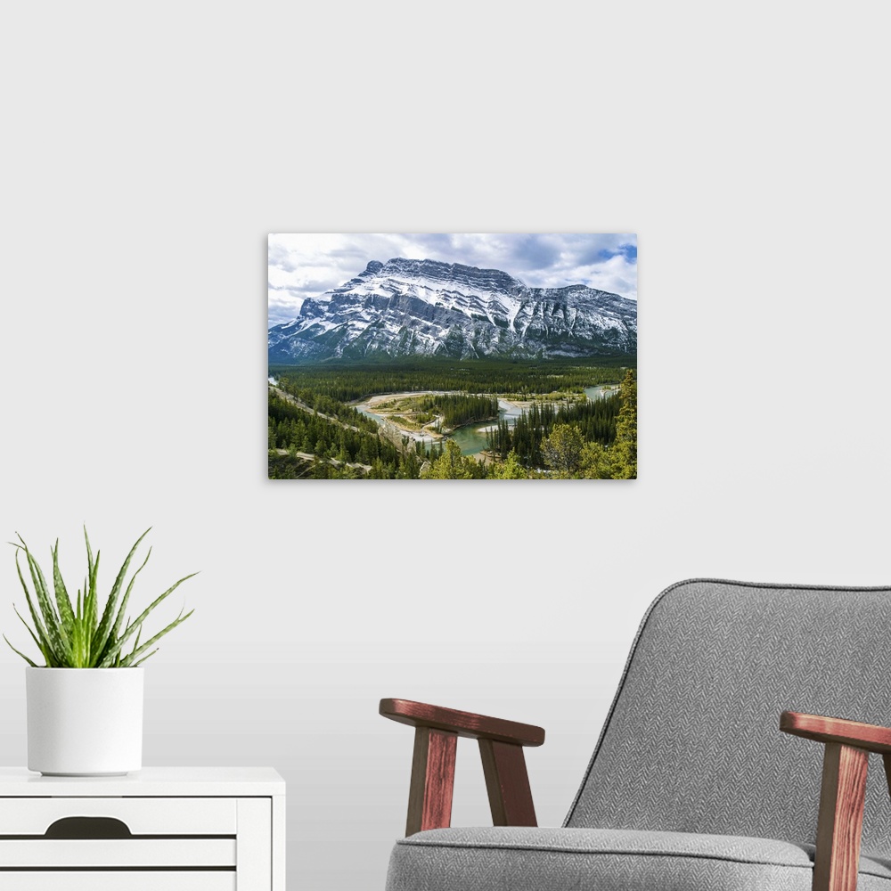 A modern room featuring Banff Hoodoos Viewpoint, with the Bow River below and Mt. Rundle in the background, Banff, Banff ...