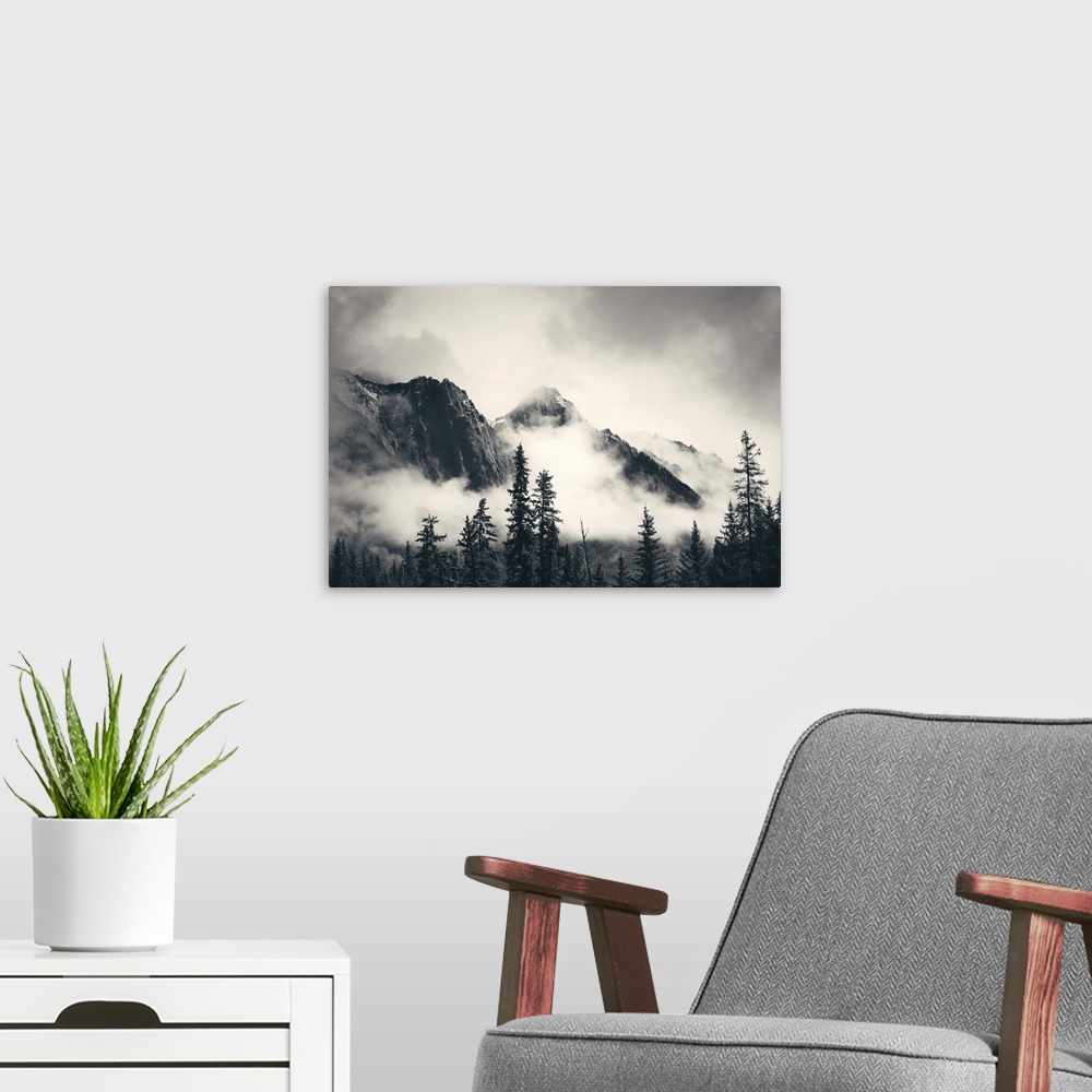 A modern room featuring Misty mountain in Banff National Park.