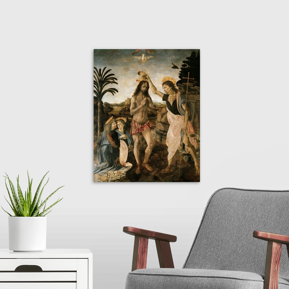 A modern room featuring Baptism Of Christ By Andrea Del Verrocchio And Leonardo Da Vinci