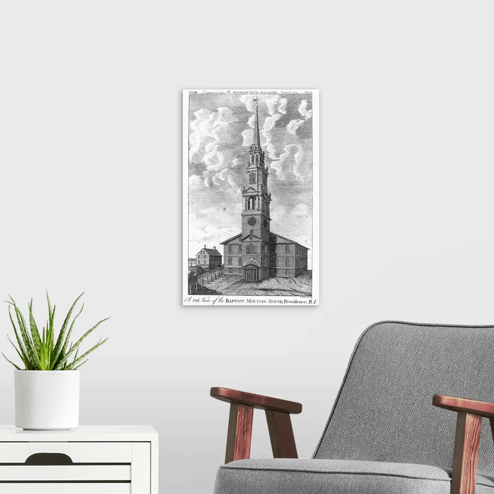 A modern room featuring A high steeple towers over the Baptist Meeting House at Providence, Rhode Island, as seen from th...