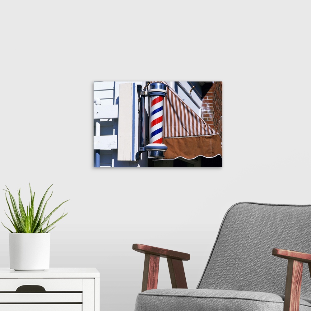 A modern room featuring Barber shop pole