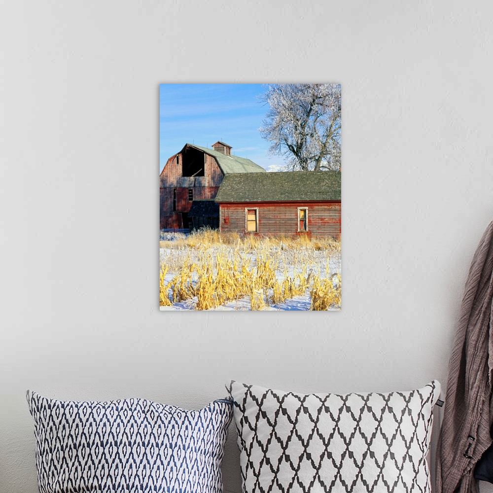 A bohemian room featuring A winter farmyard scene near Trenton, Utah.