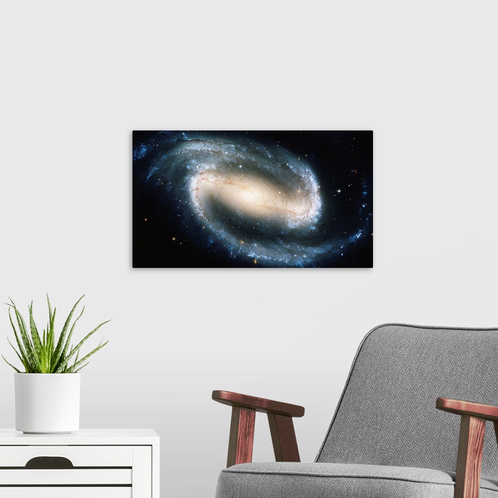 A modern room featuring Barred spiral galaxy NGC 1300, satellite view