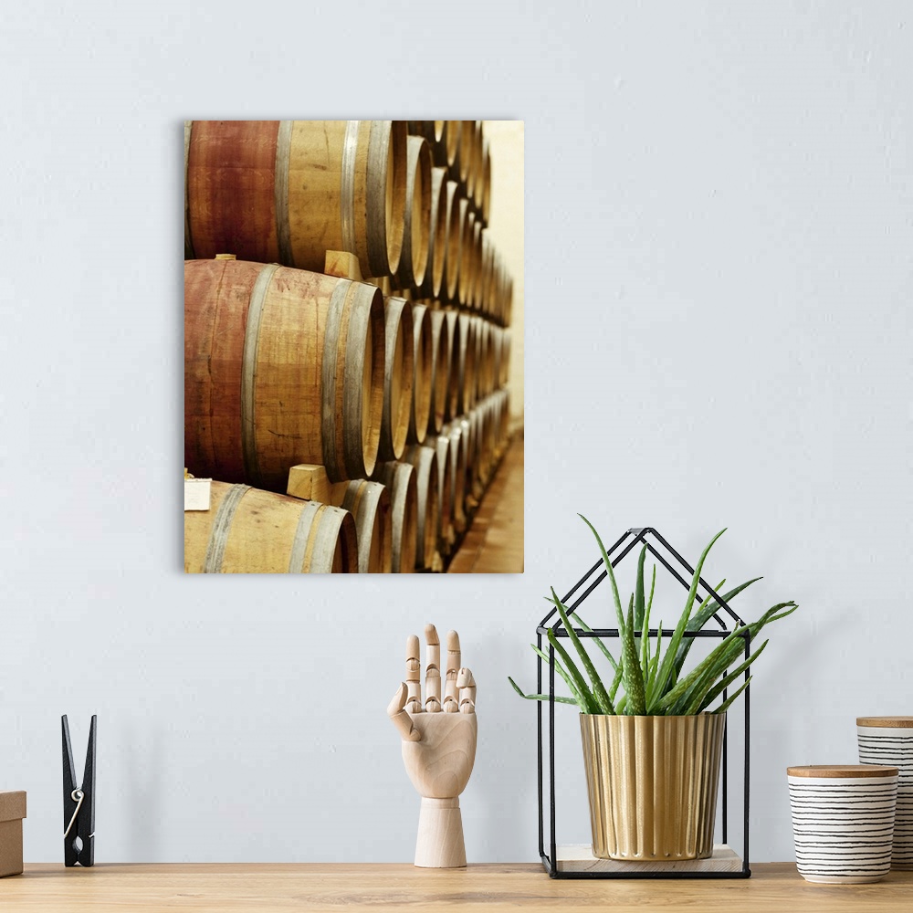 A bohemian room featuring barrels of wine in a warehouse