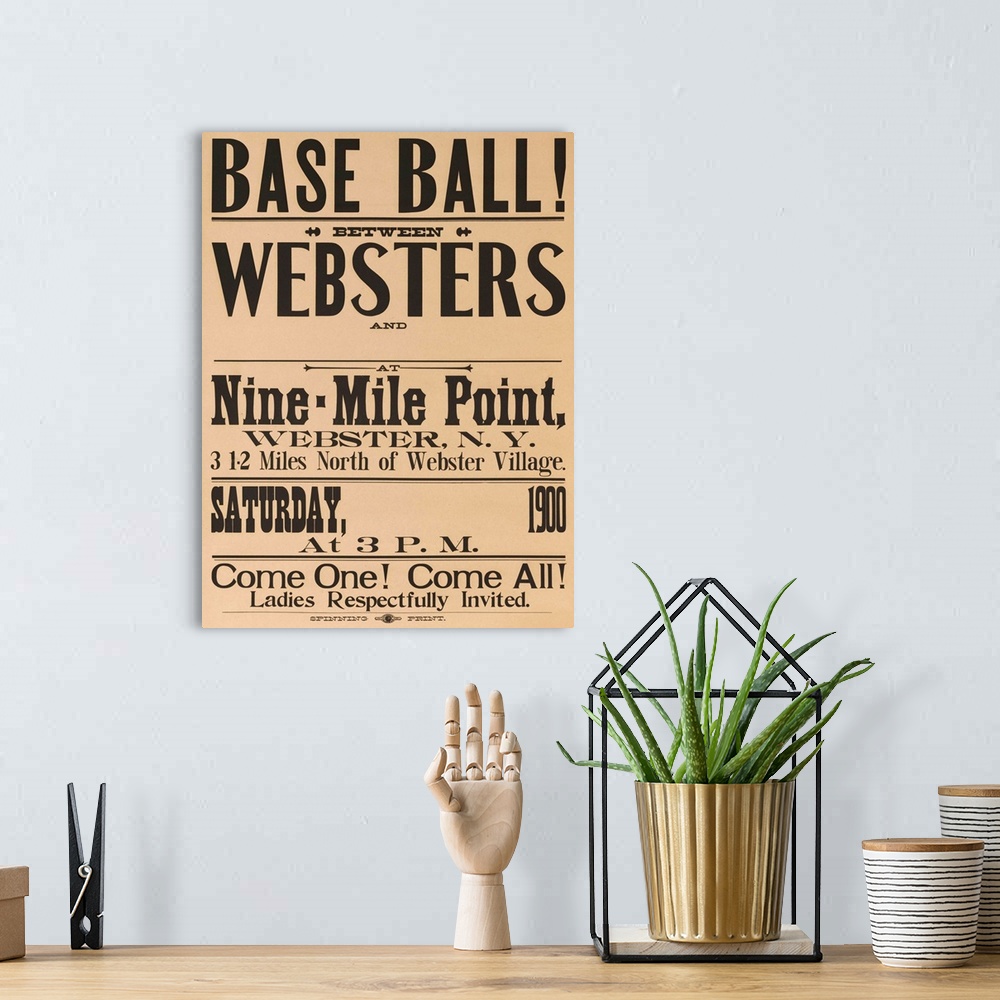 A bohemian room featuring American typographic baseball poster. Stock poster for Webster New York team vs unnamed opponent.