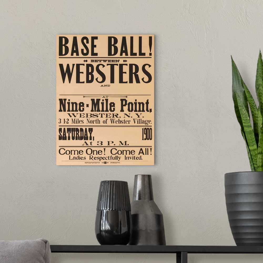 A modern room featuring American typographic baseball poster. Stock poster for Webster New York team vs unnamed opponent.