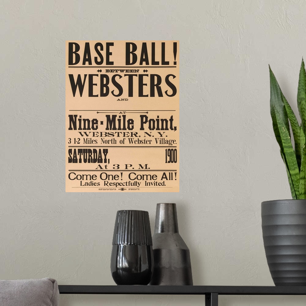 A modern room featuring American typographic baseball poster. Stock poster for Webster New York team vs unnamed opponent.