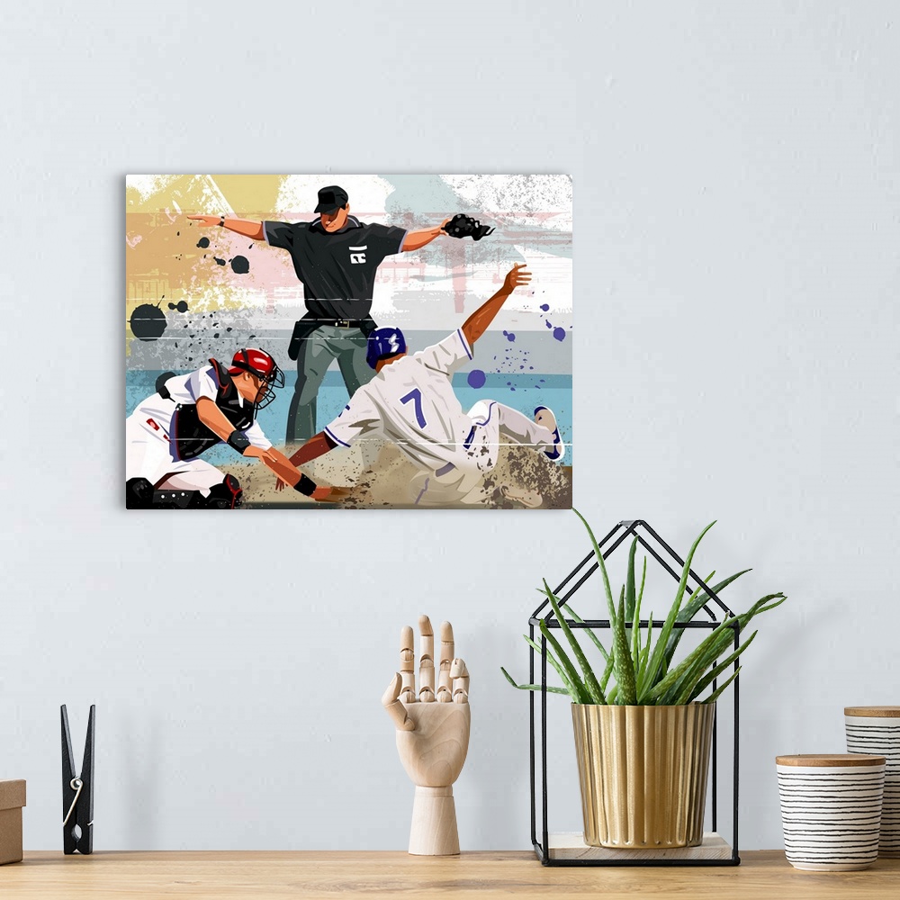 A bohemian room featuring Digital painting of an umpire declaring a home run as the player reaches home base before the cat...