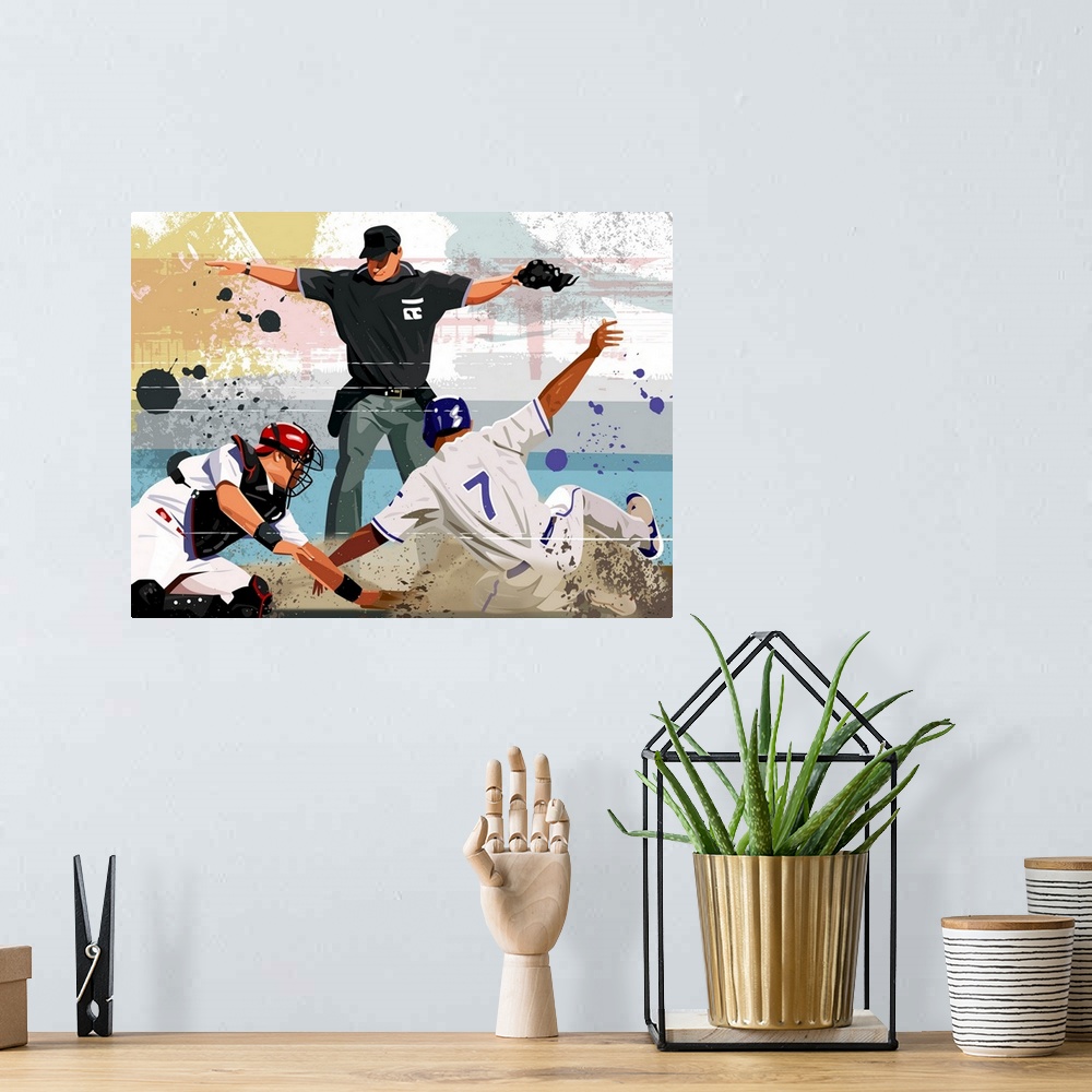 A bohemian room featuring Digital painting of an umpire declaring a home run as the player reaches home base before the cat...