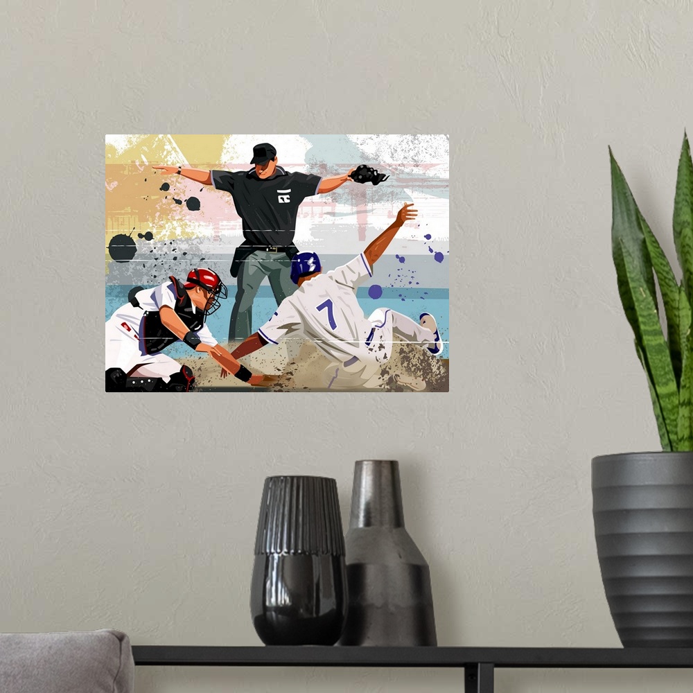A modern room featuring Digital painting of an umpire declaring a home run as the player reaches home base before the cat...