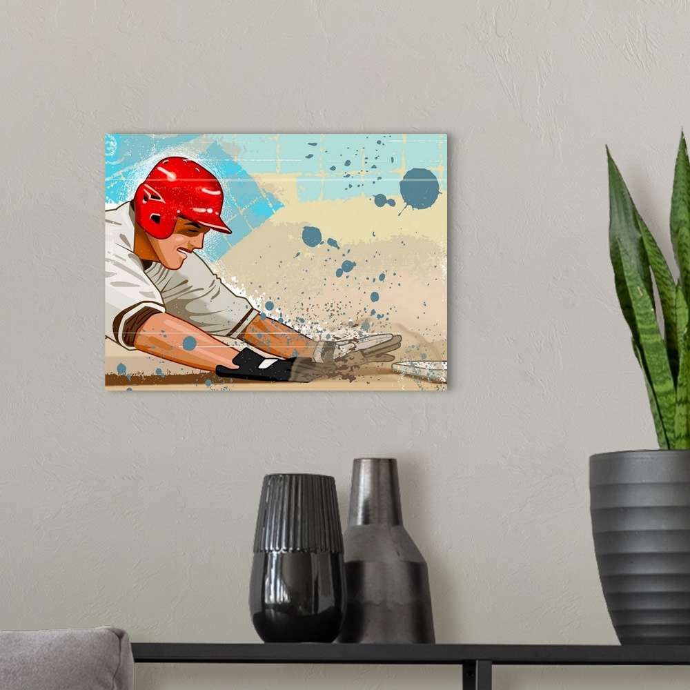 A modern room featuring Baseball player sliding into base