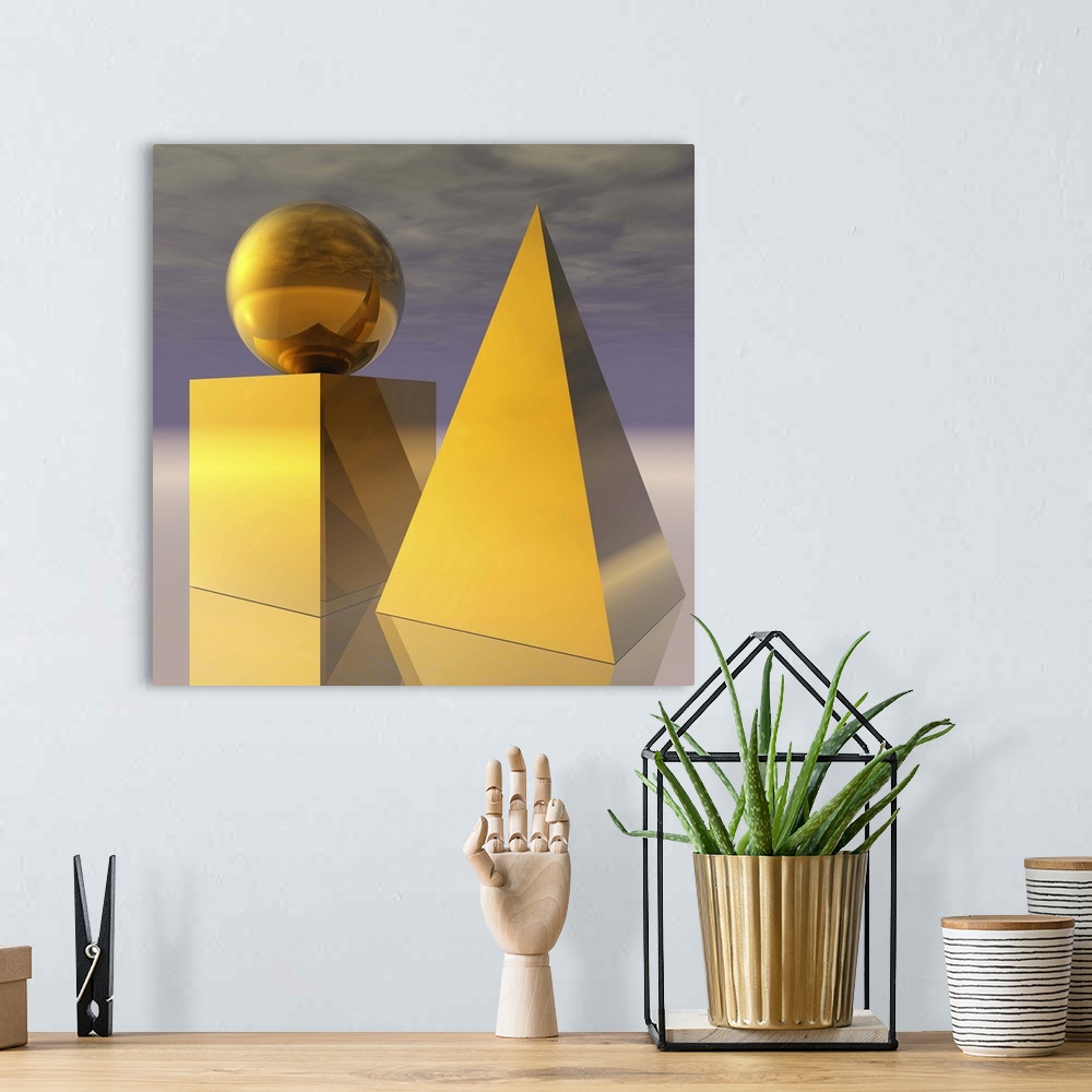A bohemian room featuring Still life - gold-colored cube, pyramid and sphere shapes arranged on a reflective endless landsc...