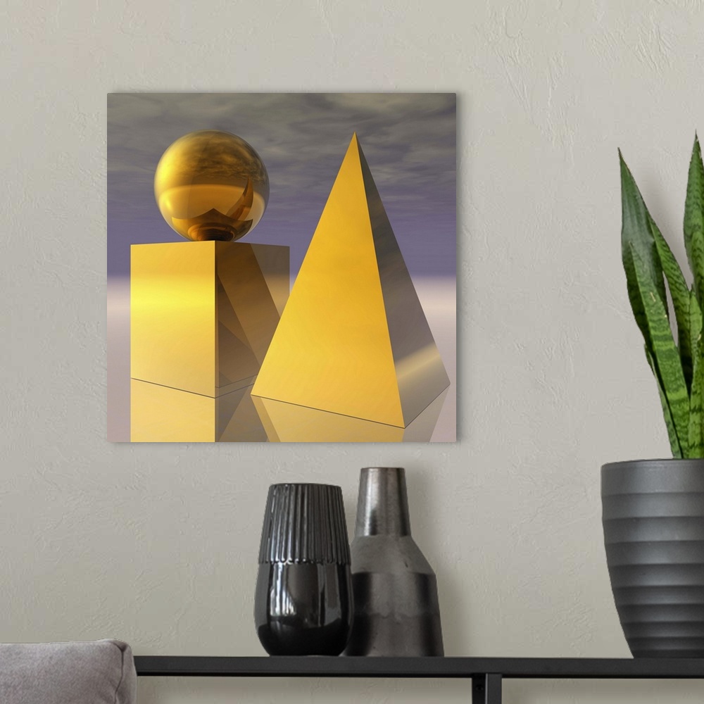 A modern room featuring Still life - gold-colored cube, pyramid and sphere shapes arranged on a reflective endless landsc...