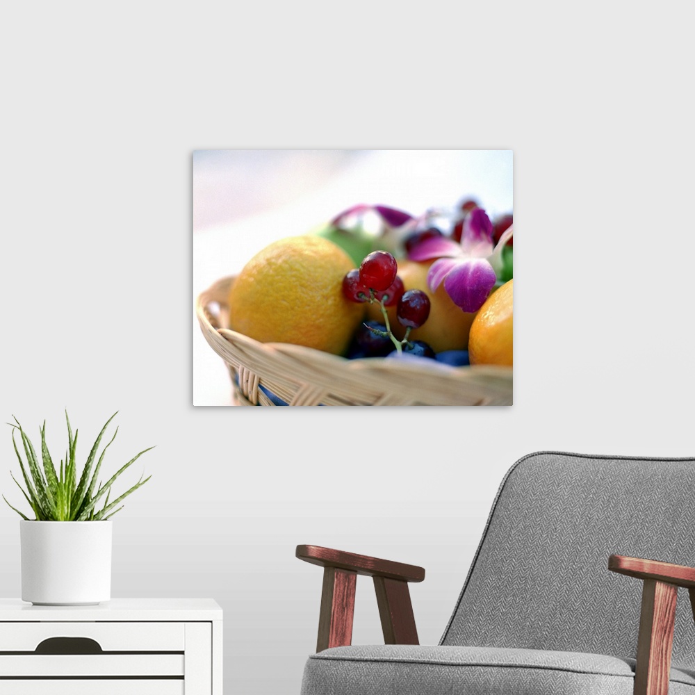 A modern room featuring Basket of fruit