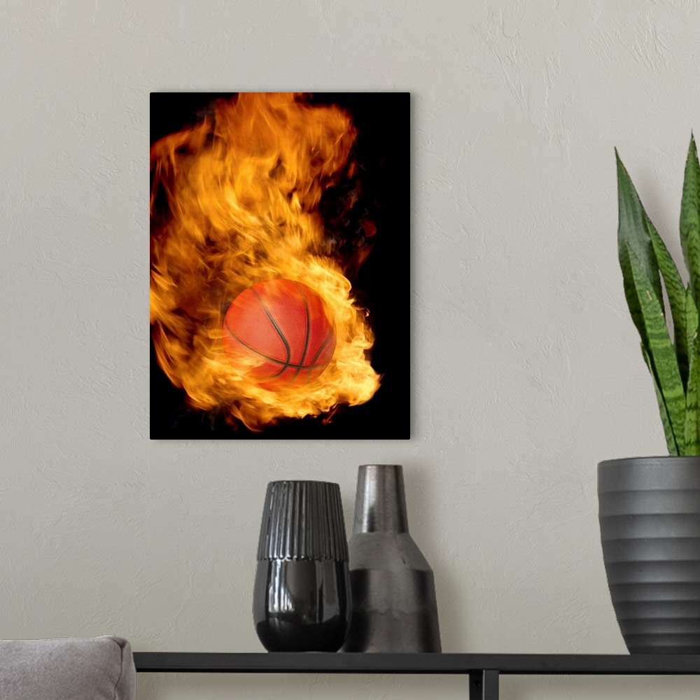 A modern room featuring Basketball on fire (digital composite)