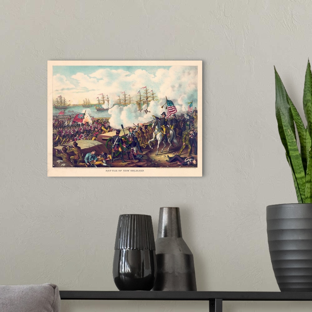 A modern room featuring General Andrew Jackson on horseback in foreground commanding troops in battle against British tro...
