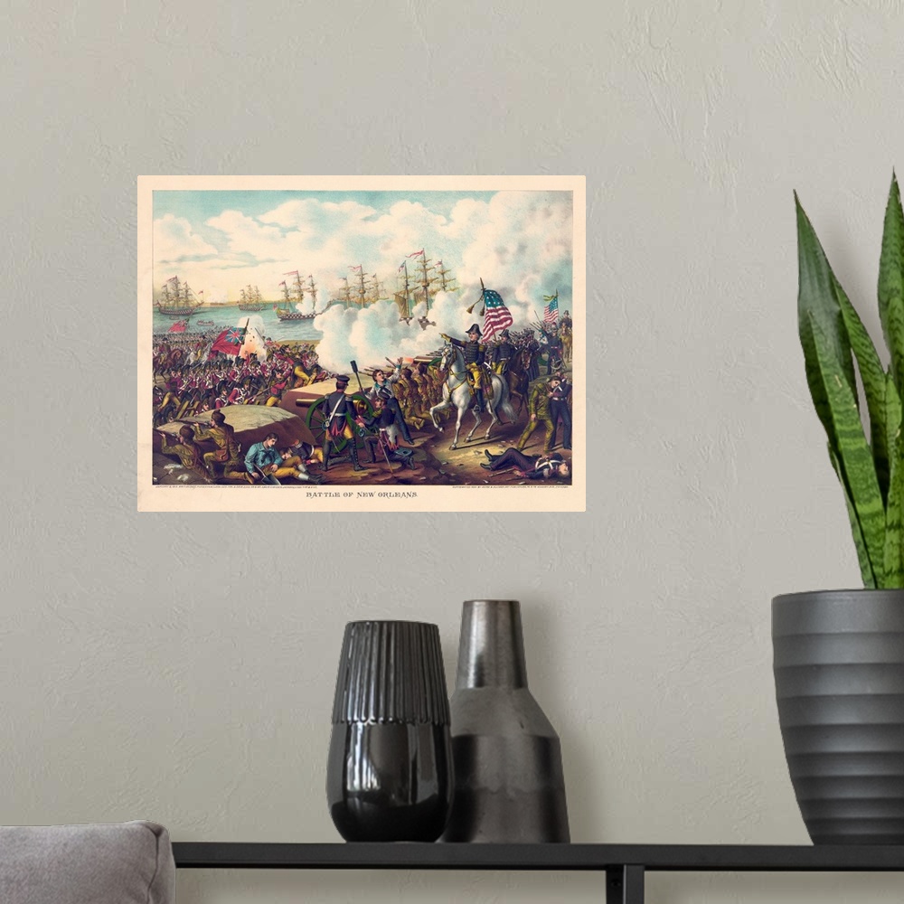 A modern room featuring General Andrew Jackson on horseback in foreground commanding troops in battle against British tro...