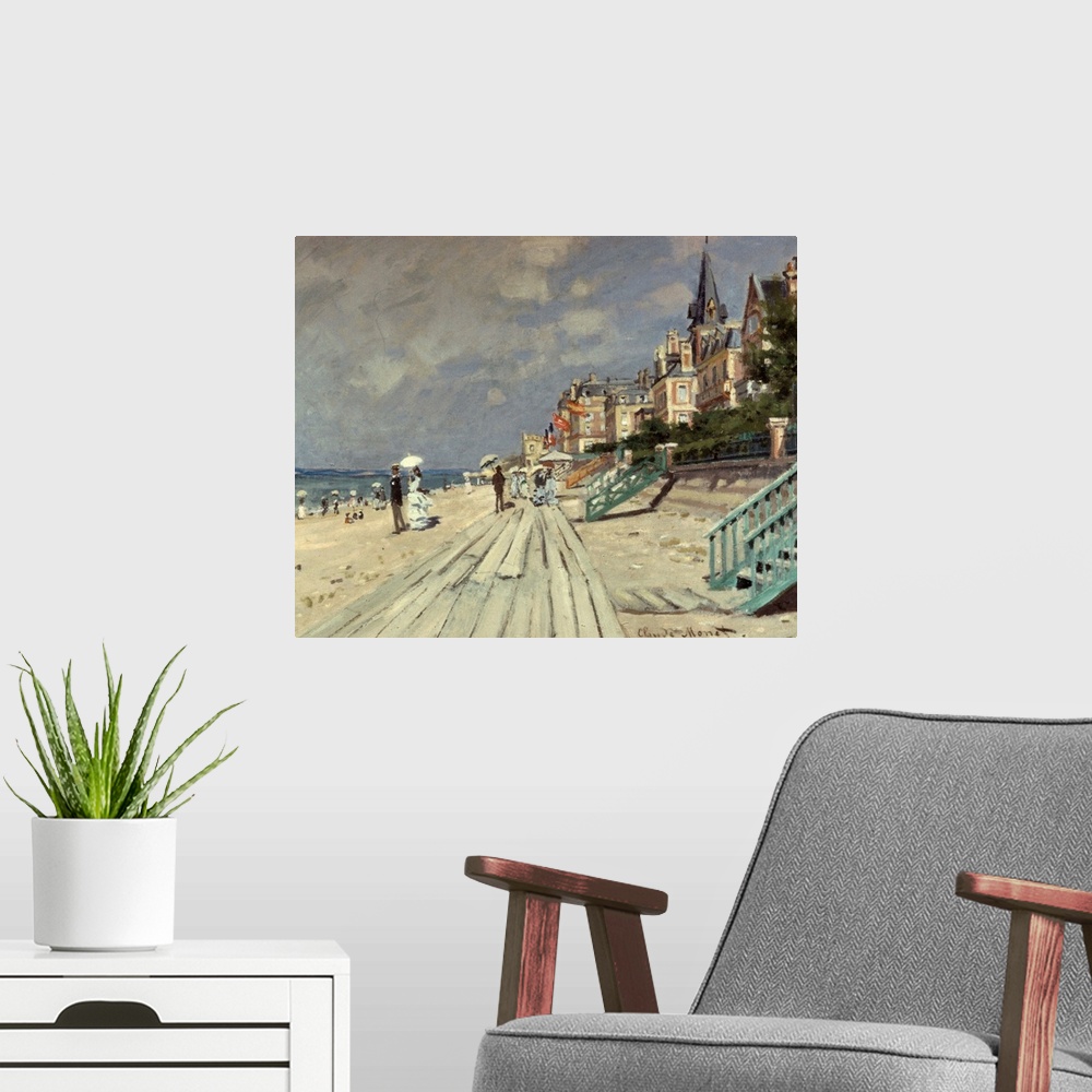 A modern room featuring Beach At Trouville By Claude Monet