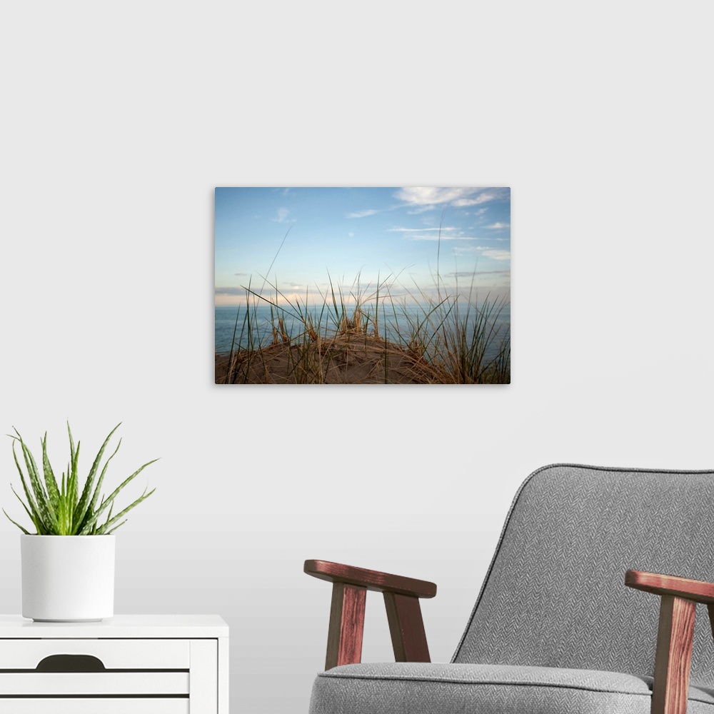 A modern room featuring Beach grass at the top of a sand dune at Long Point Provincial Park with Lake Erie shown in the b...