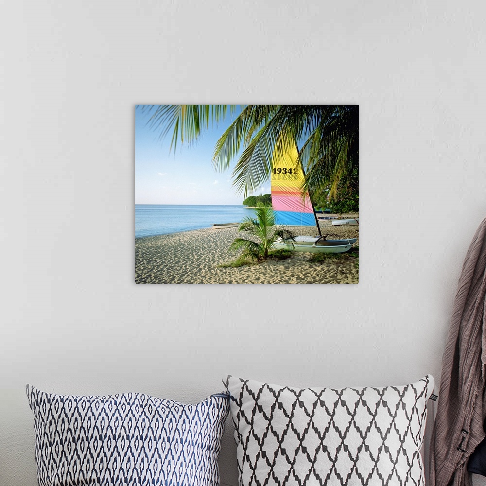 A bohemian room featuring Photograph of boat with colorful sail in the sand under palm trees with ocean in distant.