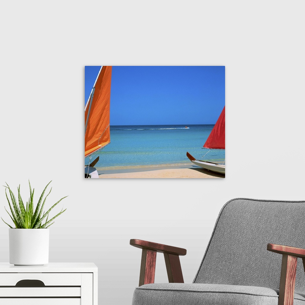 A modern room featuring Beached sailboats