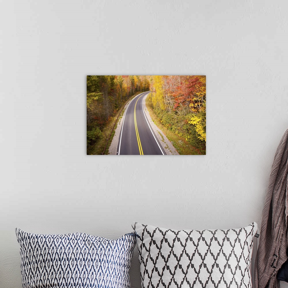 A bohemian room featuring Beautiful curvy road located in Blue Ridge Parkway, North Carolina during fall season.