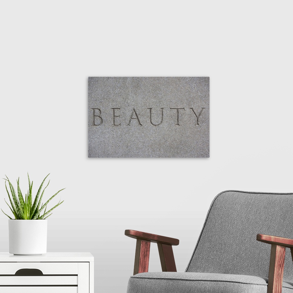 A modern room featuring Word etched in stone