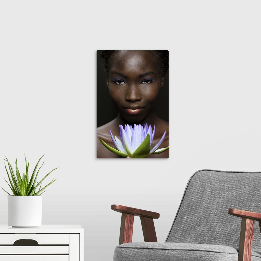 A modern room featuring Afro-American woman with purple lotus flower