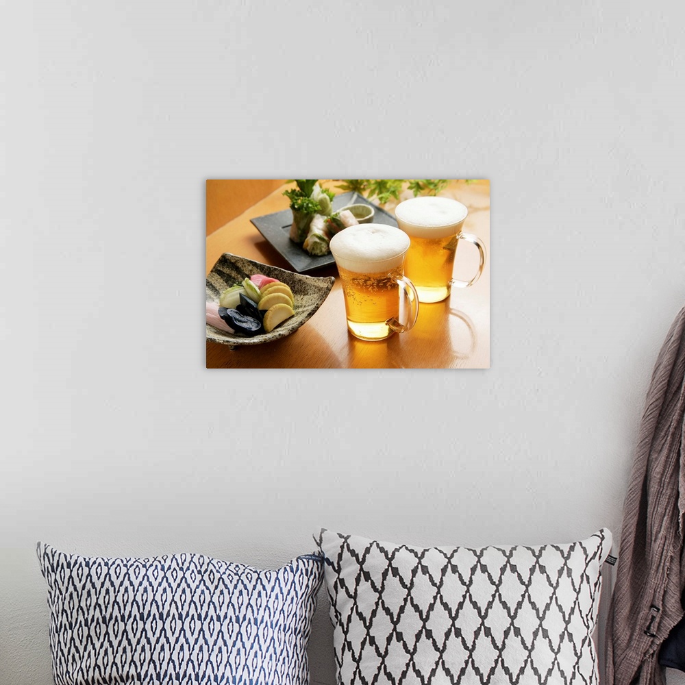 A bohemian room featuring Beer and appetizer
