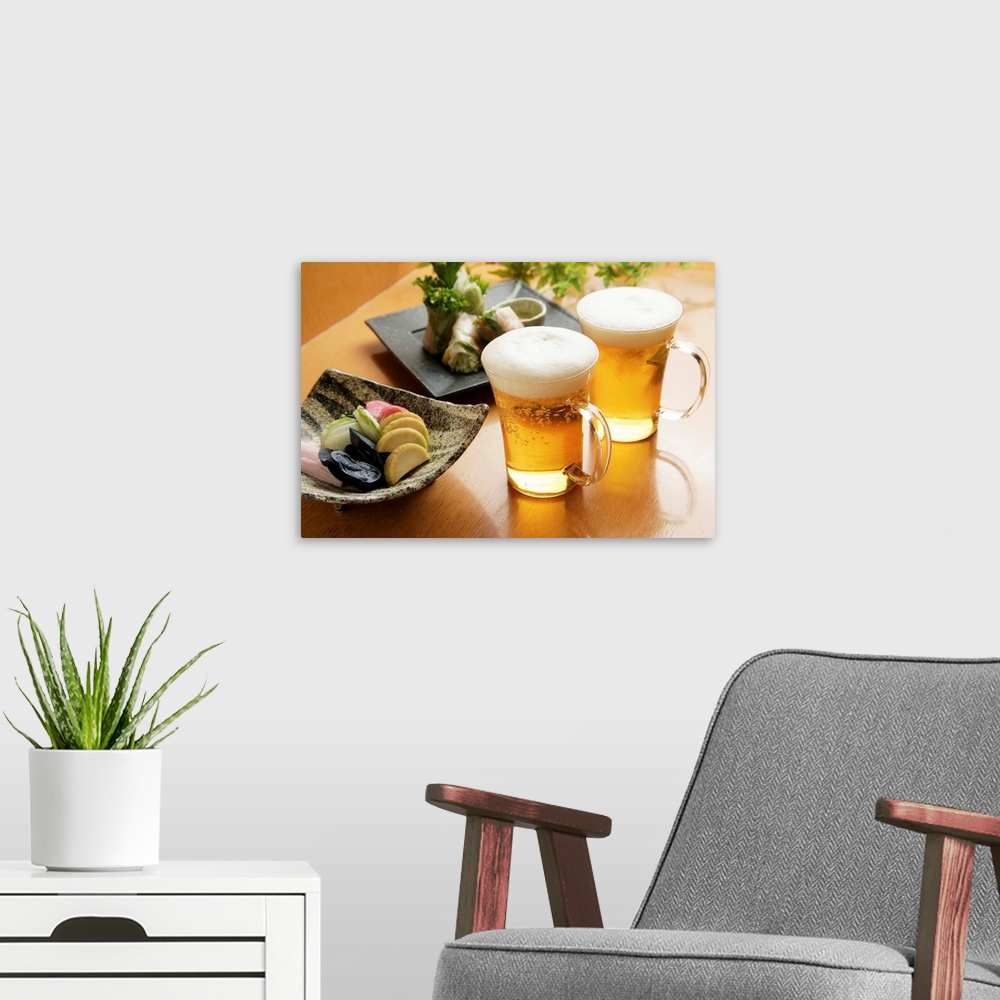 A modern room featuring Beer and appetizer