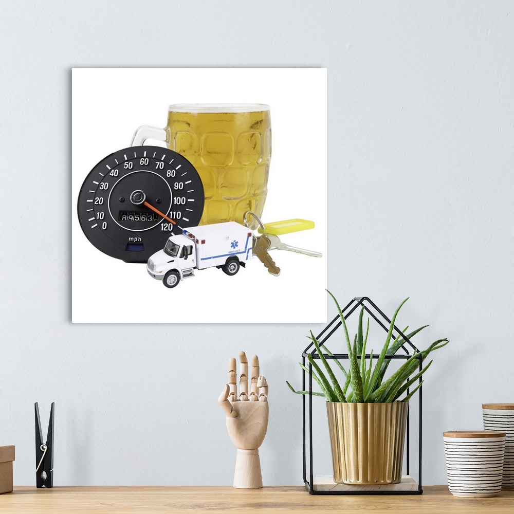 A bohemian room featuring Beer, Keys, Ambulance & Speedometer