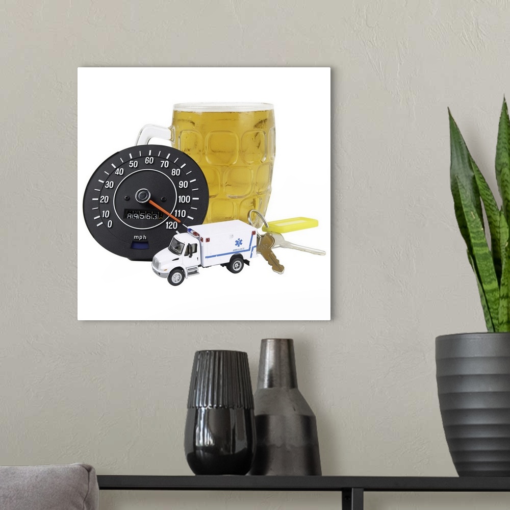 A modern room featuring Beer, Keys, Ambulance & Speedometer