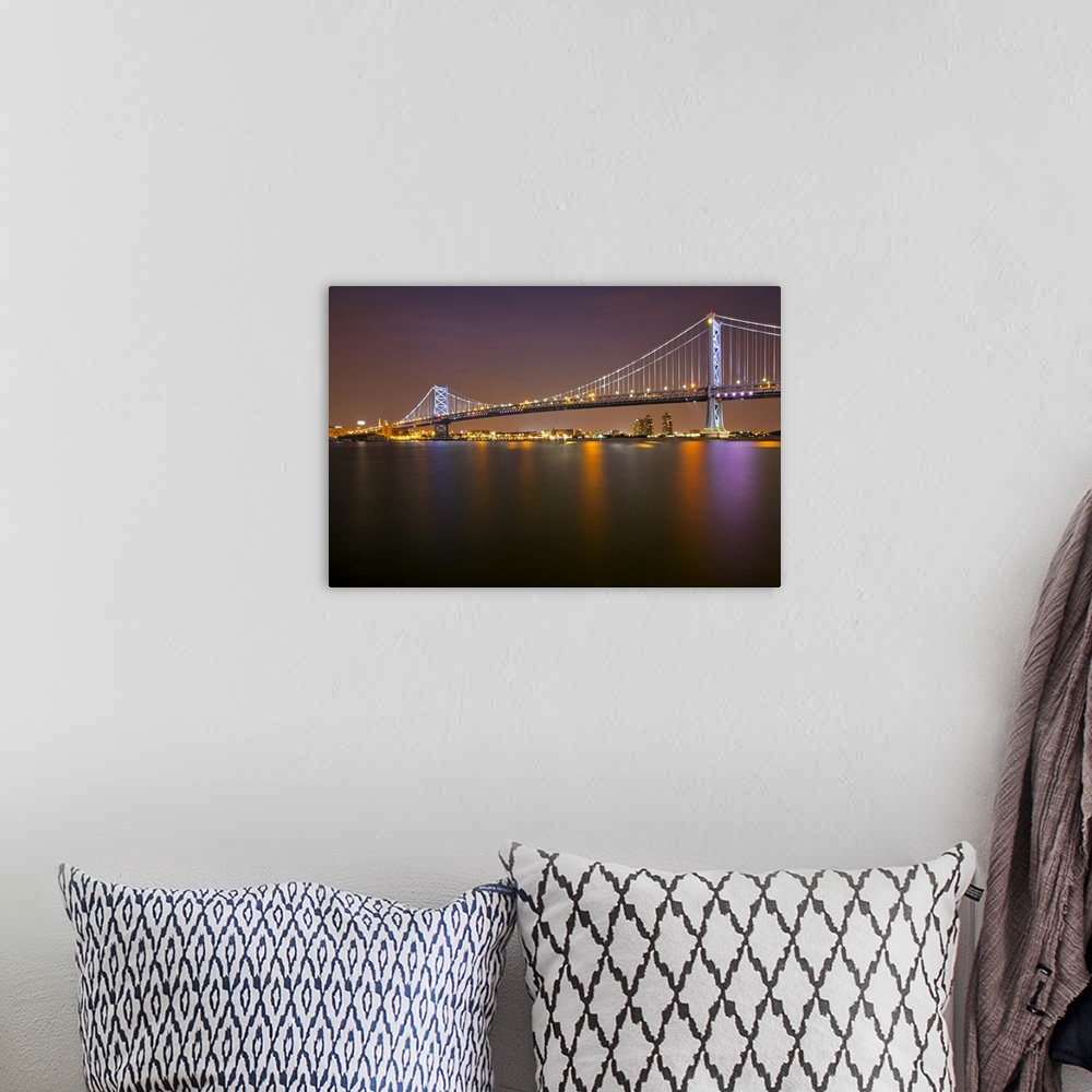 A bohemian room featuring Benjamin Franklin bridge, which spans across Delaware river from Camden, New Jersey to Philadelphia.