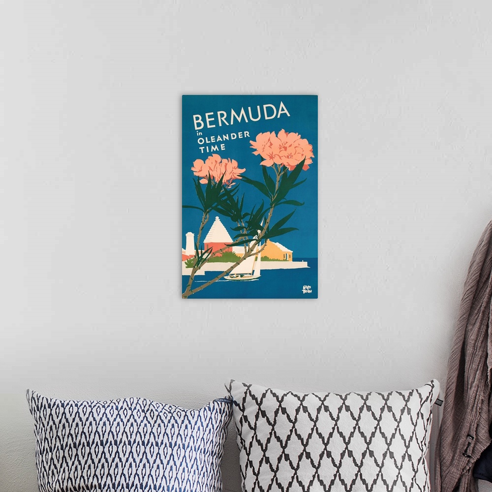 A bohemian room featuring Bermuda travel poster showing sailboat in front of typical architecture with flowering Oleanders ...