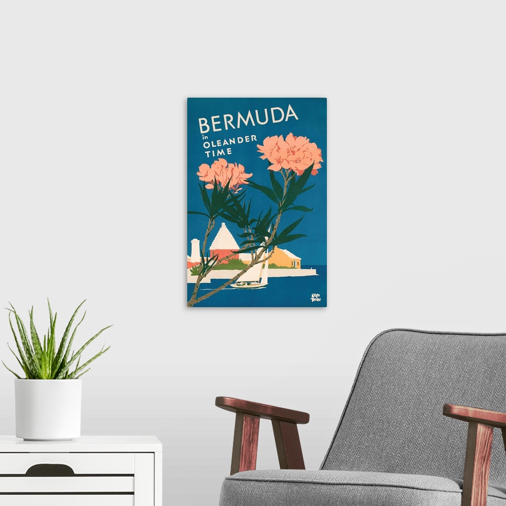 A modern room featuring Bermuda travel poster showing sailboat in front of typical architecture with flowering Oleanders ...