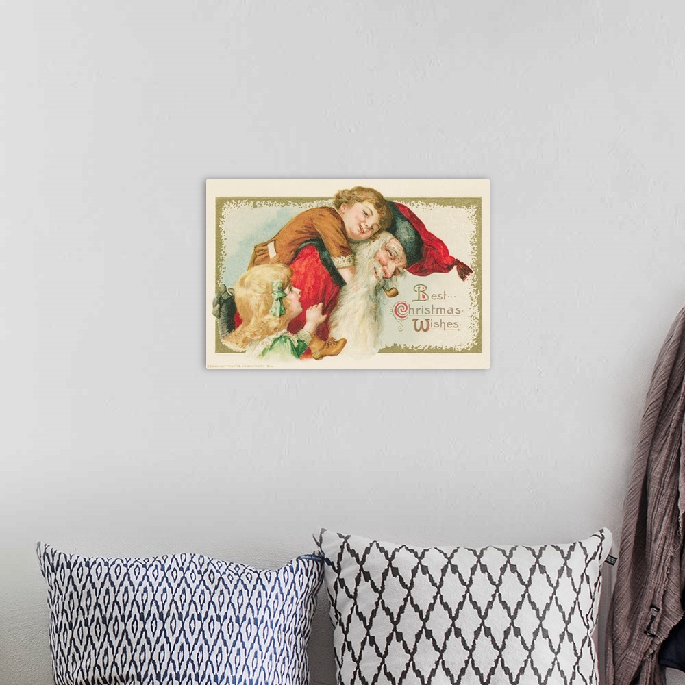 A bohemian room featuring Best Christmas Wishes Postcard With Santa Claus And Children